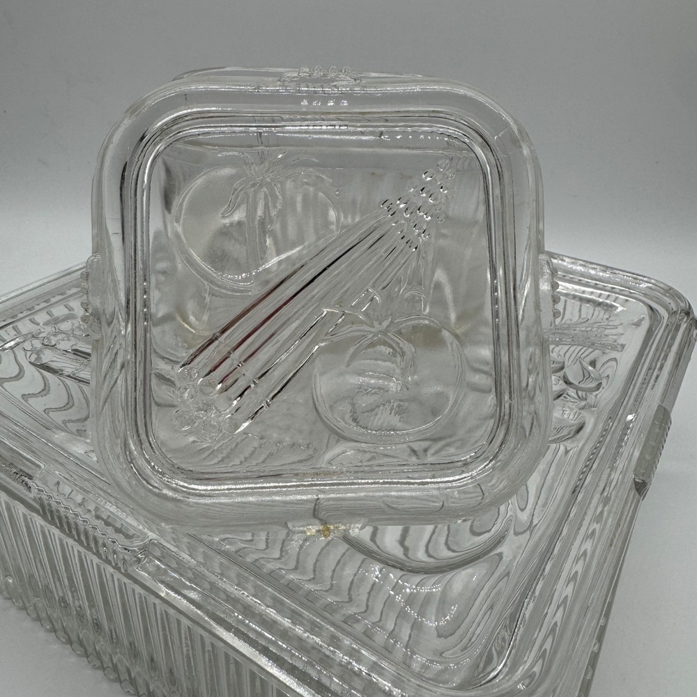 Vintage Federal Glass Refrigerator Dishes Clear Ribbed Vegetable Lid Lot 8x8 4x4